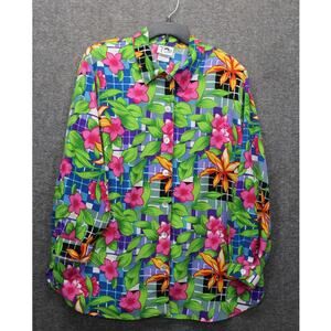 Womens 1X Vintage Top Tropical  Floral Print Collared Button Front Shouler Pads